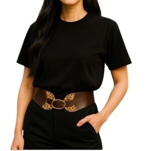 VINTAGE Brown Animal Print Wide Belt Cheetah Faux Fur Brass Buckle Elasticized L